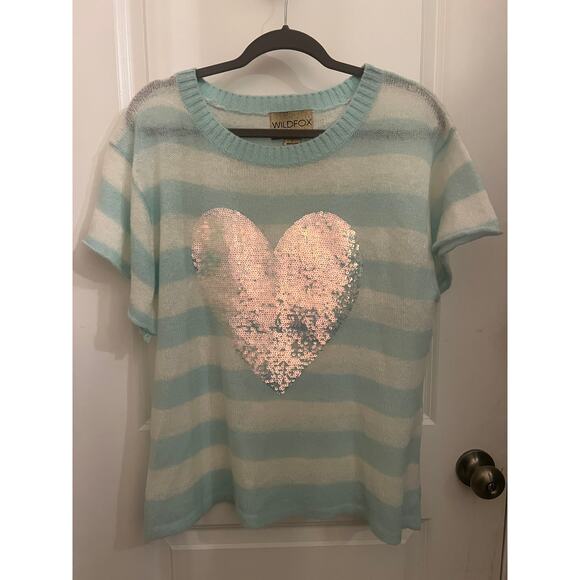 WILDFOX Bridgitte SEQUIN HEART STRIPED Sweater AQUA S Wool Blend boxy Fairy Tee - Picture 2 of 6